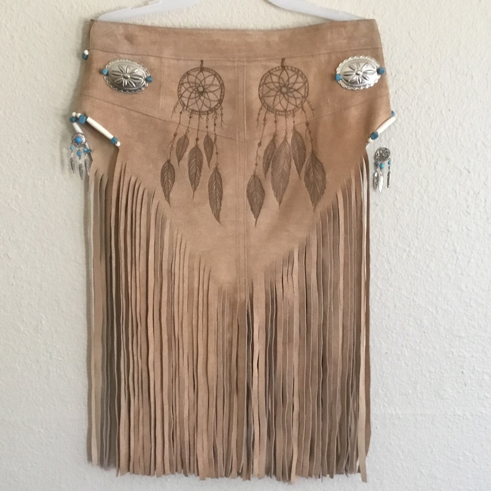 Boho leather fringe skirt.